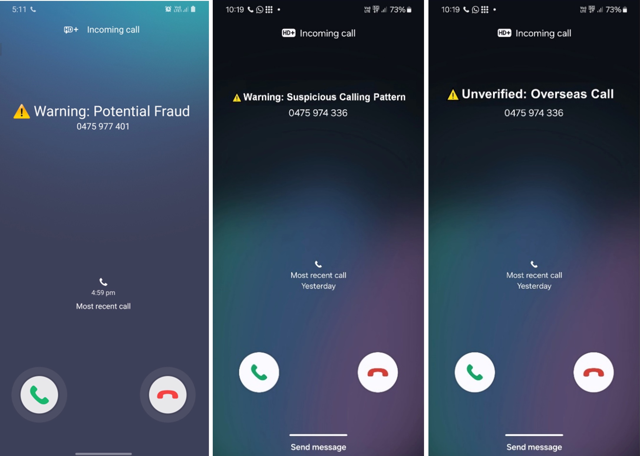 Screen shots showing Suspicious Call Indication